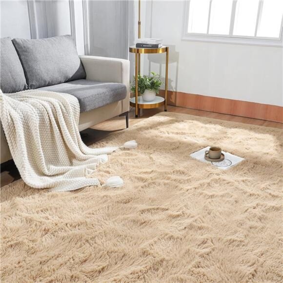 Large Fluffy Rug for Living Room Bedroom, 5 x 8 Feet Beige Shag Area Rugs Soft - Picture 6 of 7